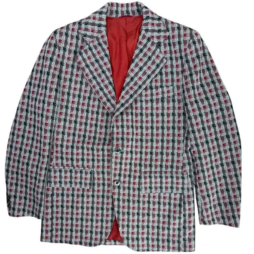 Vintage 70s Men's 38R Plaid Polyester Sport Coat Blazer Red Gray